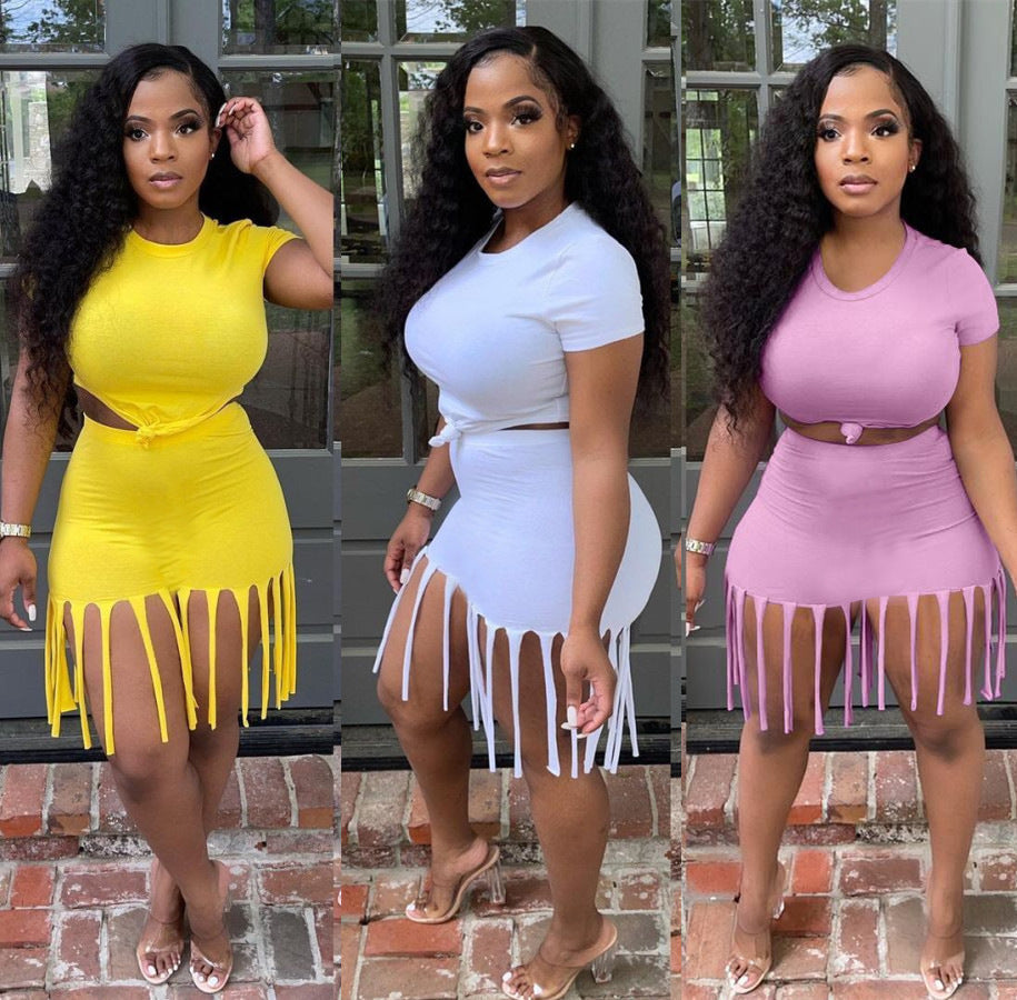 Sexy Solid Short Sleeve Tassel Skirt Two Piece Sets