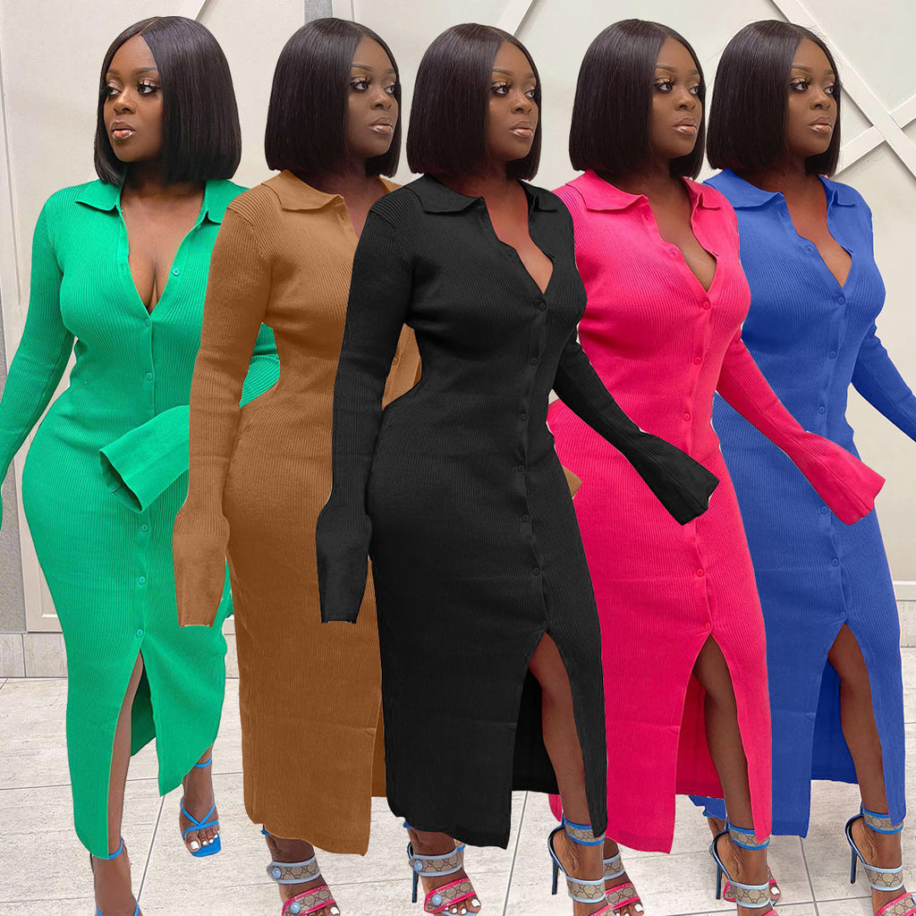 Sexy Solid Knit Long Sleeve Button Slim Maxi Dress