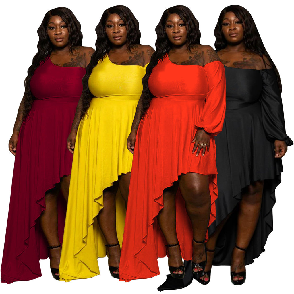 Sexy Plus Size Solid One Shoulder Irregular Maxi Dress