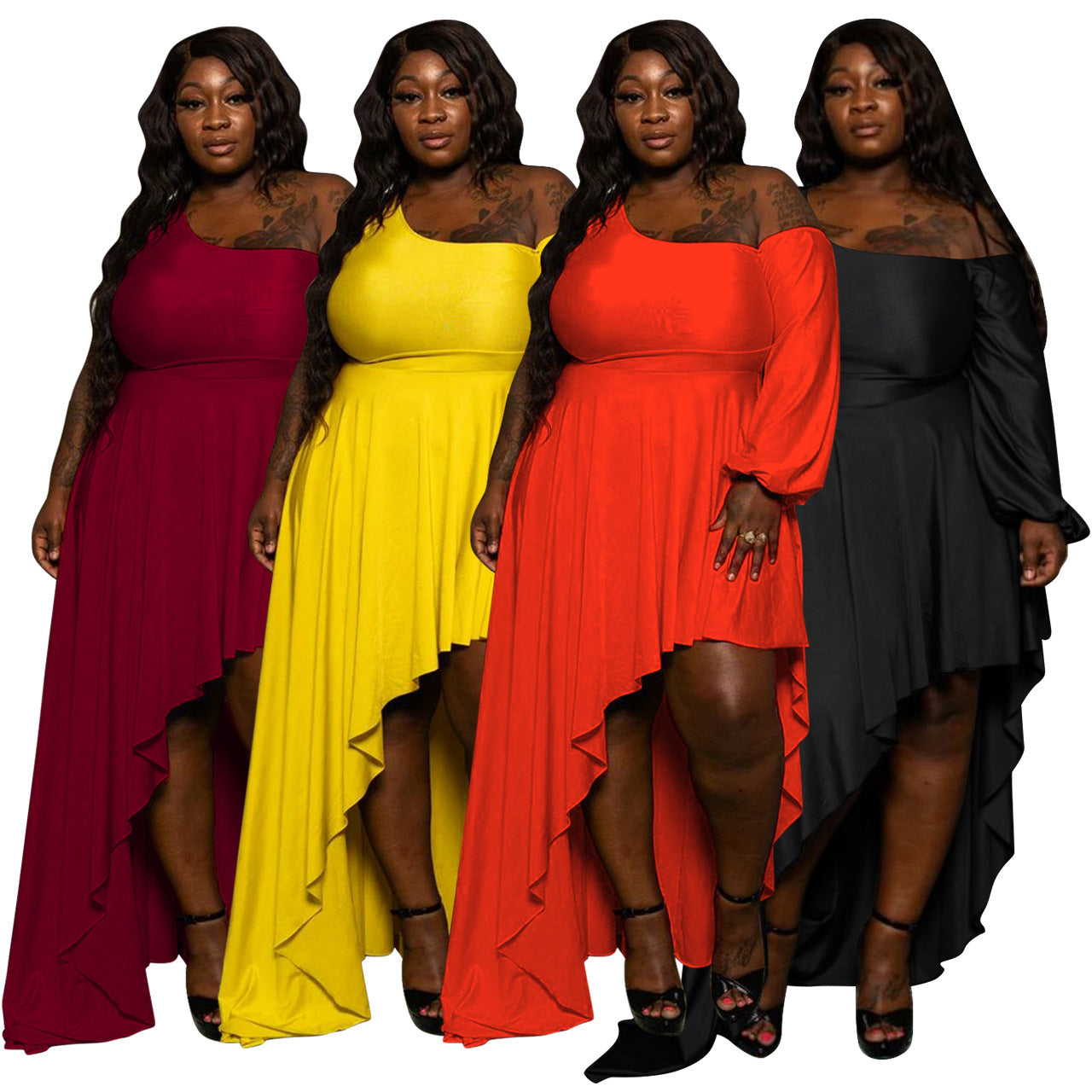 Sexy Plus Size Solid One Shoulder Irregular Maxi Dress