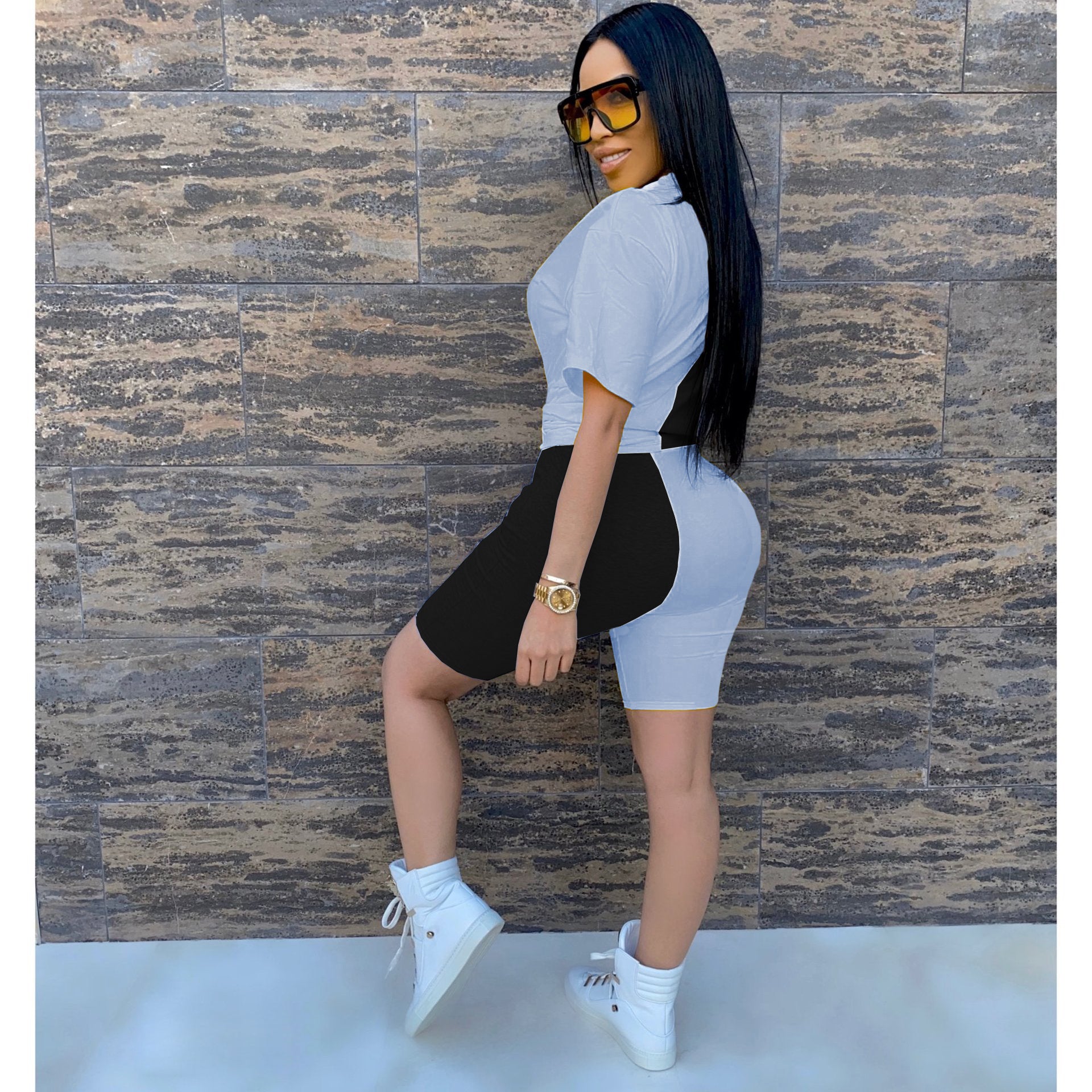 Sexy Fashion Casual Sequin Splice Short Sleeve Shorts  Two Piece Sets