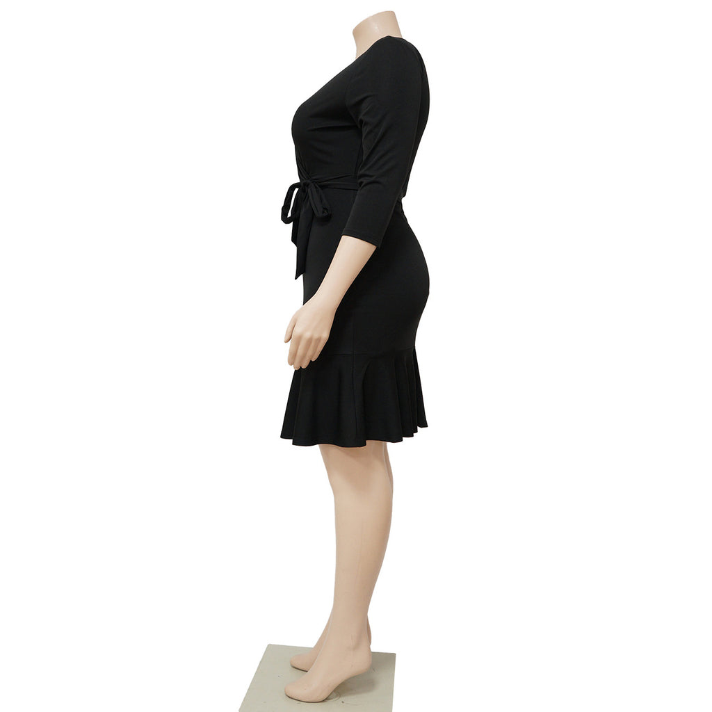 Sexy Plus Size Solid V Neck 3/4 Sleeve Ruffled Bodycon Dress