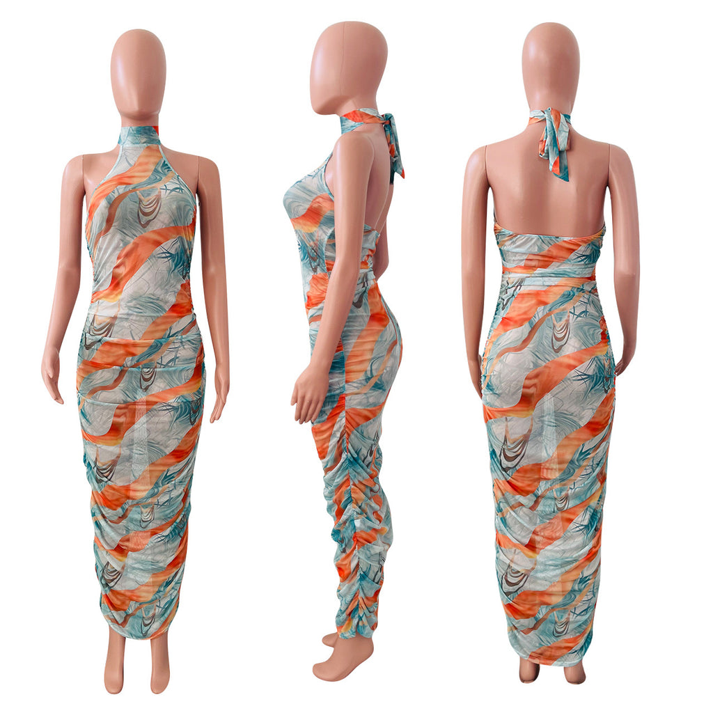 Sexy Sexy Mesh Print Halter Ruched Maxi Dress