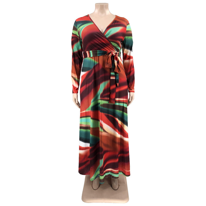Sexy Plus Size Printed V Neck Long Sleeve Sashes Maxi Dress