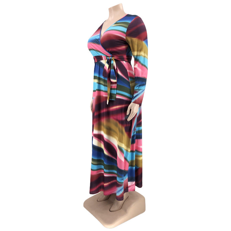 Sexy Plus Size Printed V Neck Long Sleeve Sashes Maxi Dress