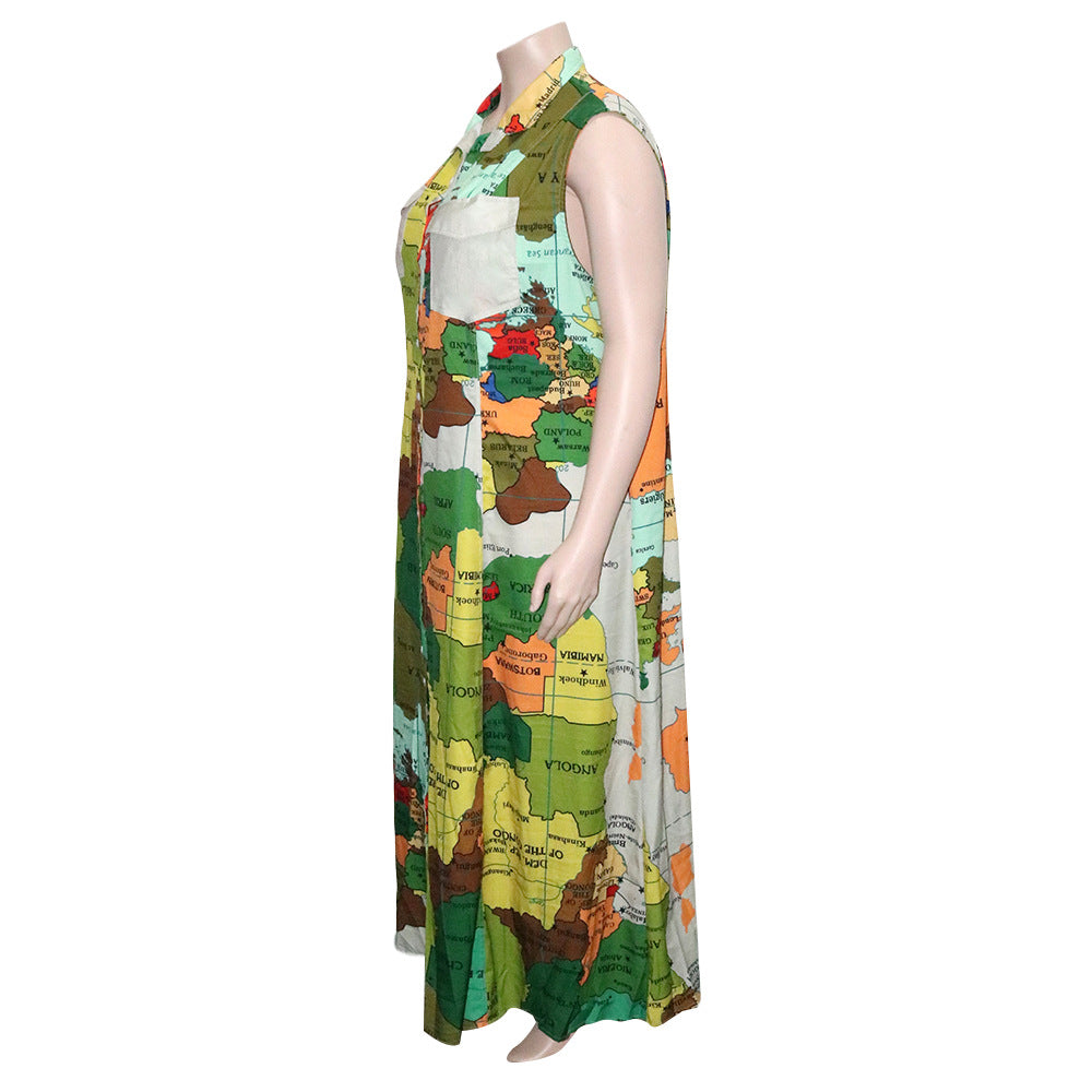 Sexy Plus Size Map Print Sleeveless Maxi Dress