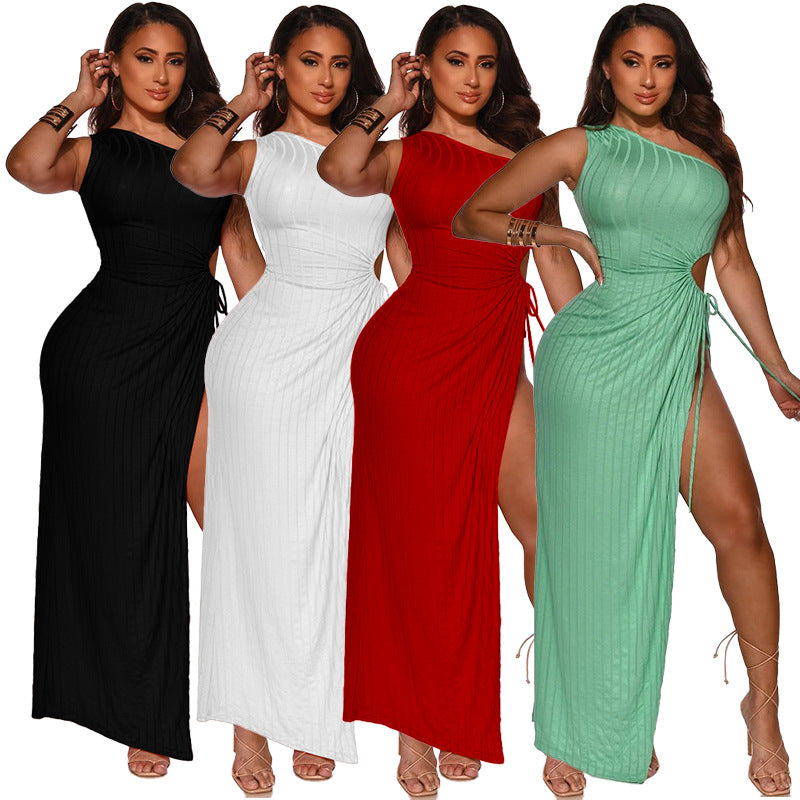 Sexy Solid Color One Shoulder Slit Sexy Maxi Dress