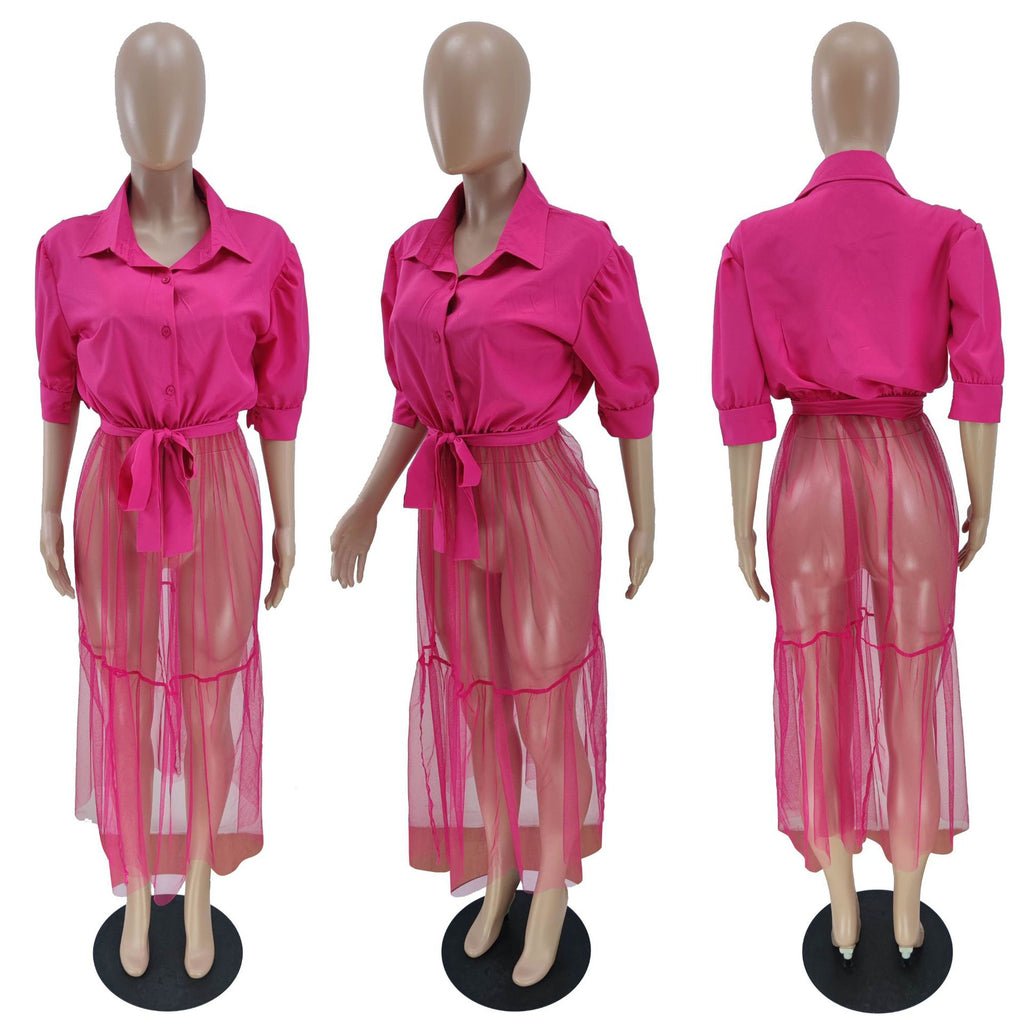 Sexy Plus Size Solid Mesh Patchwork Sashes Maxi Dress