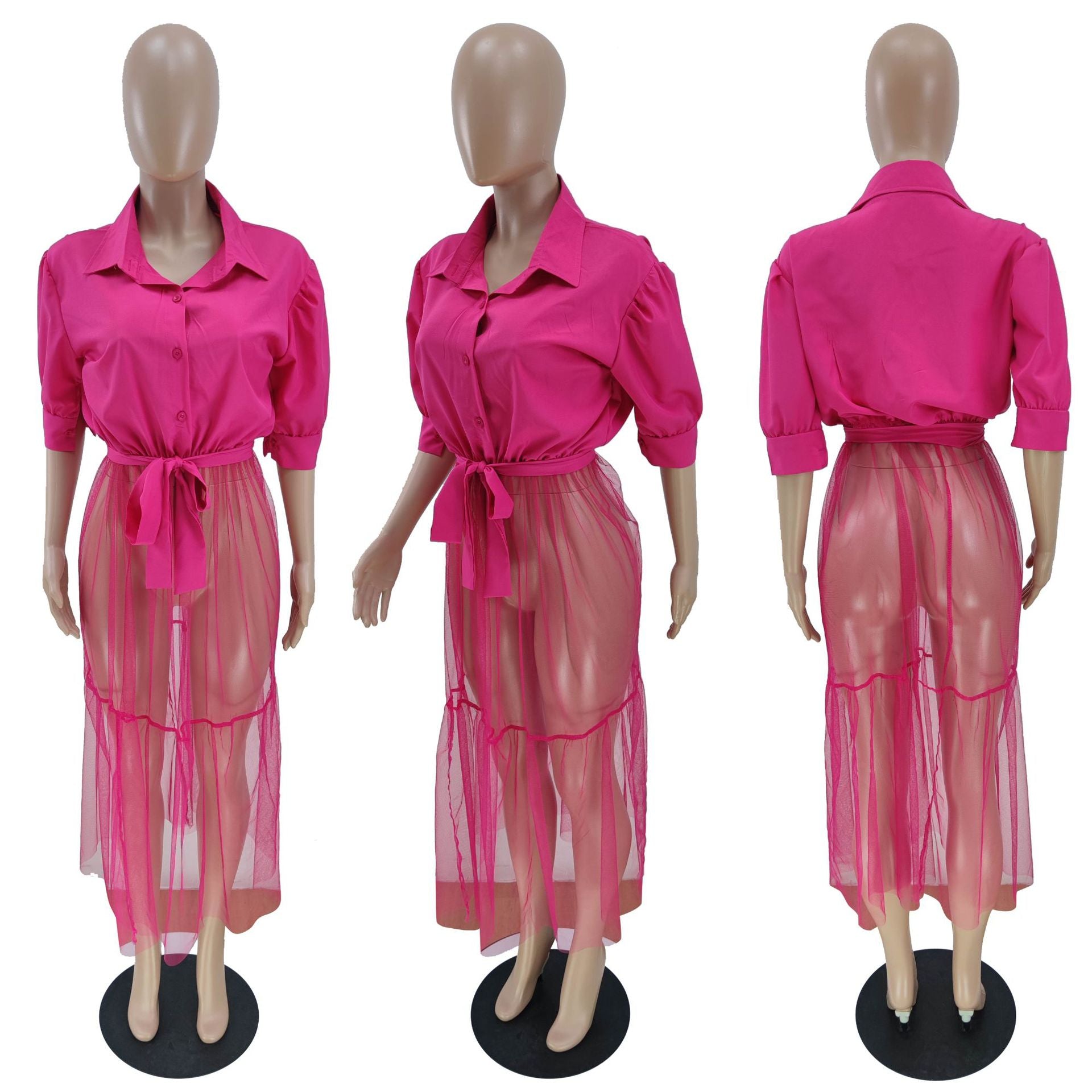 Sexy Plus Size Solid Mesh Patchwork Sashes Maxi Dress