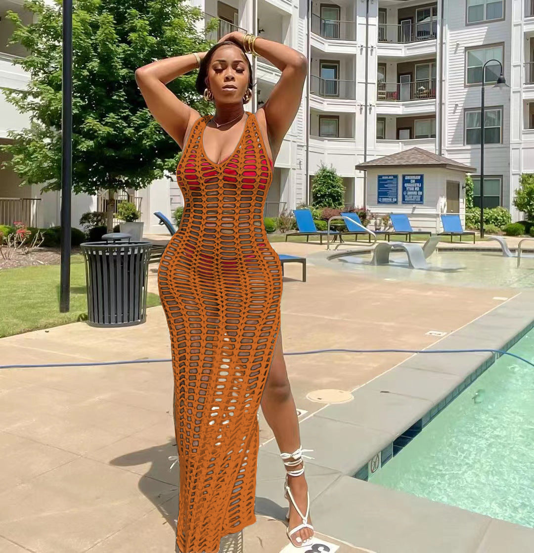Sexy Solid Sleeveless Hollow Out Split Maxi Dress