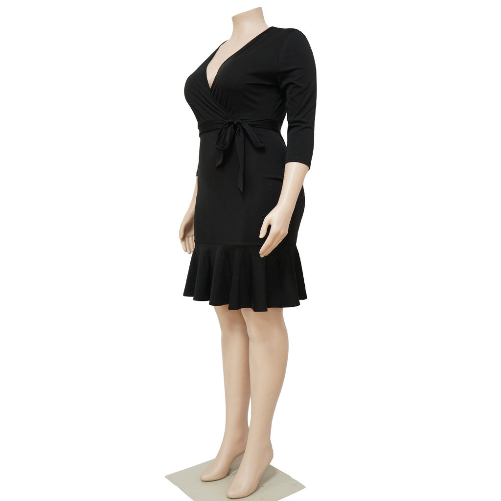 Sexy Plus Size Solid V Neck 3/4 Sleeve Ruffled Bodycon Dress