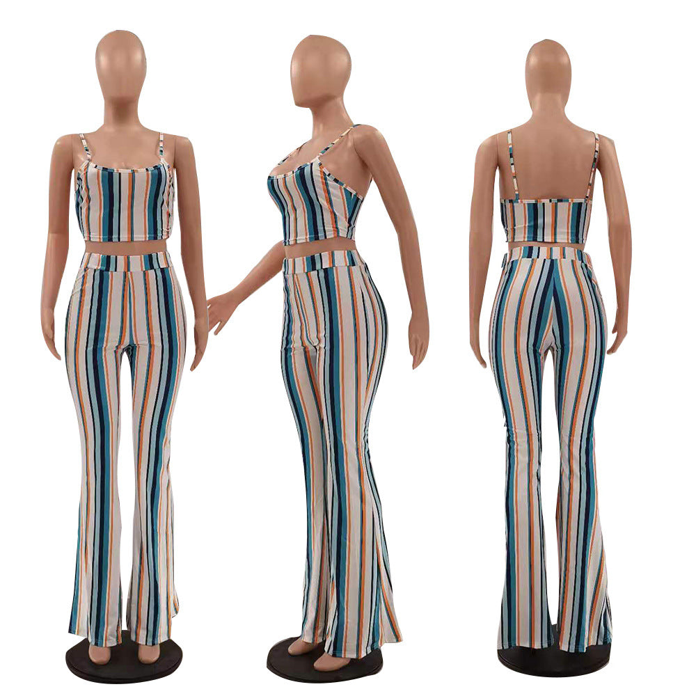 Sexy Colorful Striped Cami Top Flared Pants 2 Piece Sets