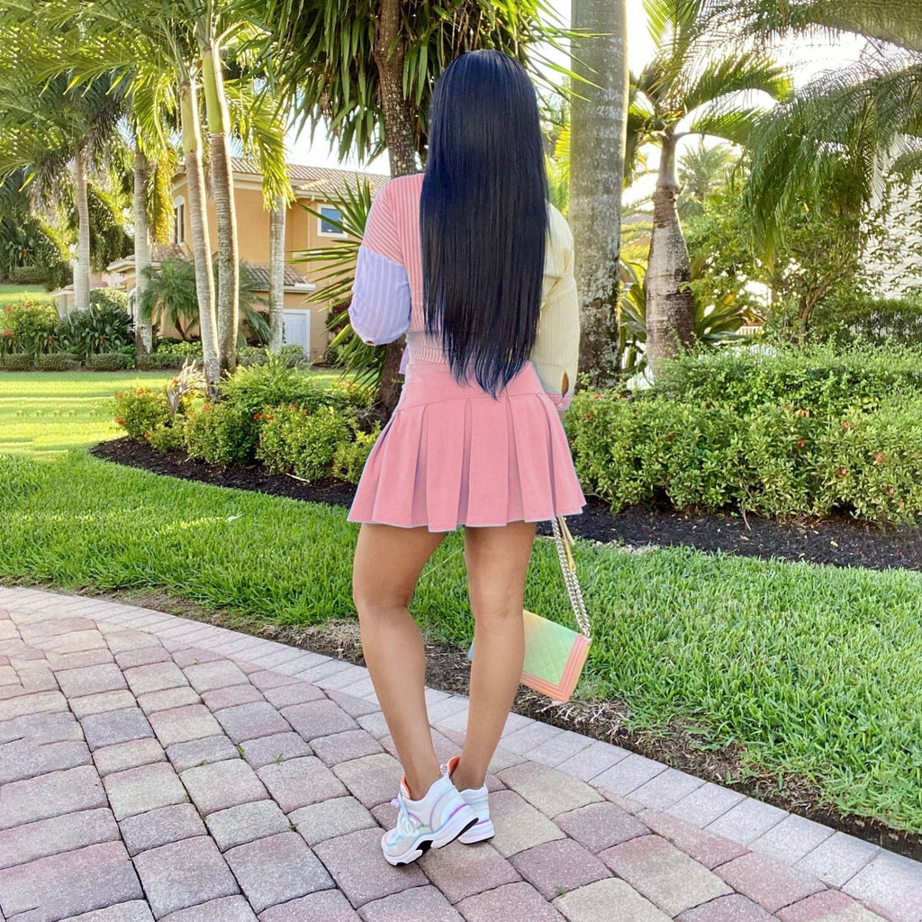 Sexy Striped 3/4 Sleeves Shirt Top+Pleated Mini Skirt 2 Piece Sets