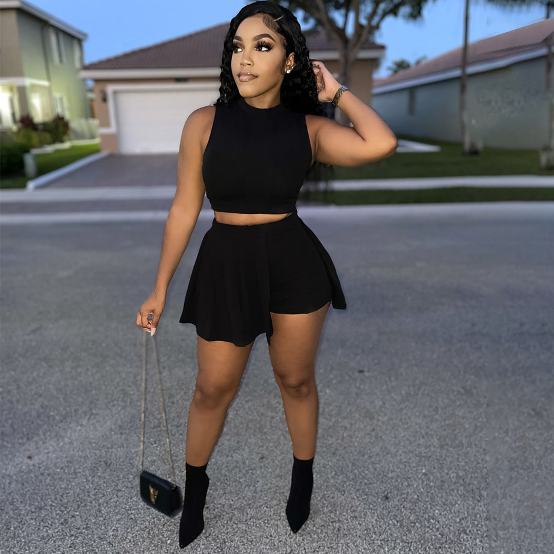 Sexy Solid Sleeveless Culottes Shorts Two Piece Sets