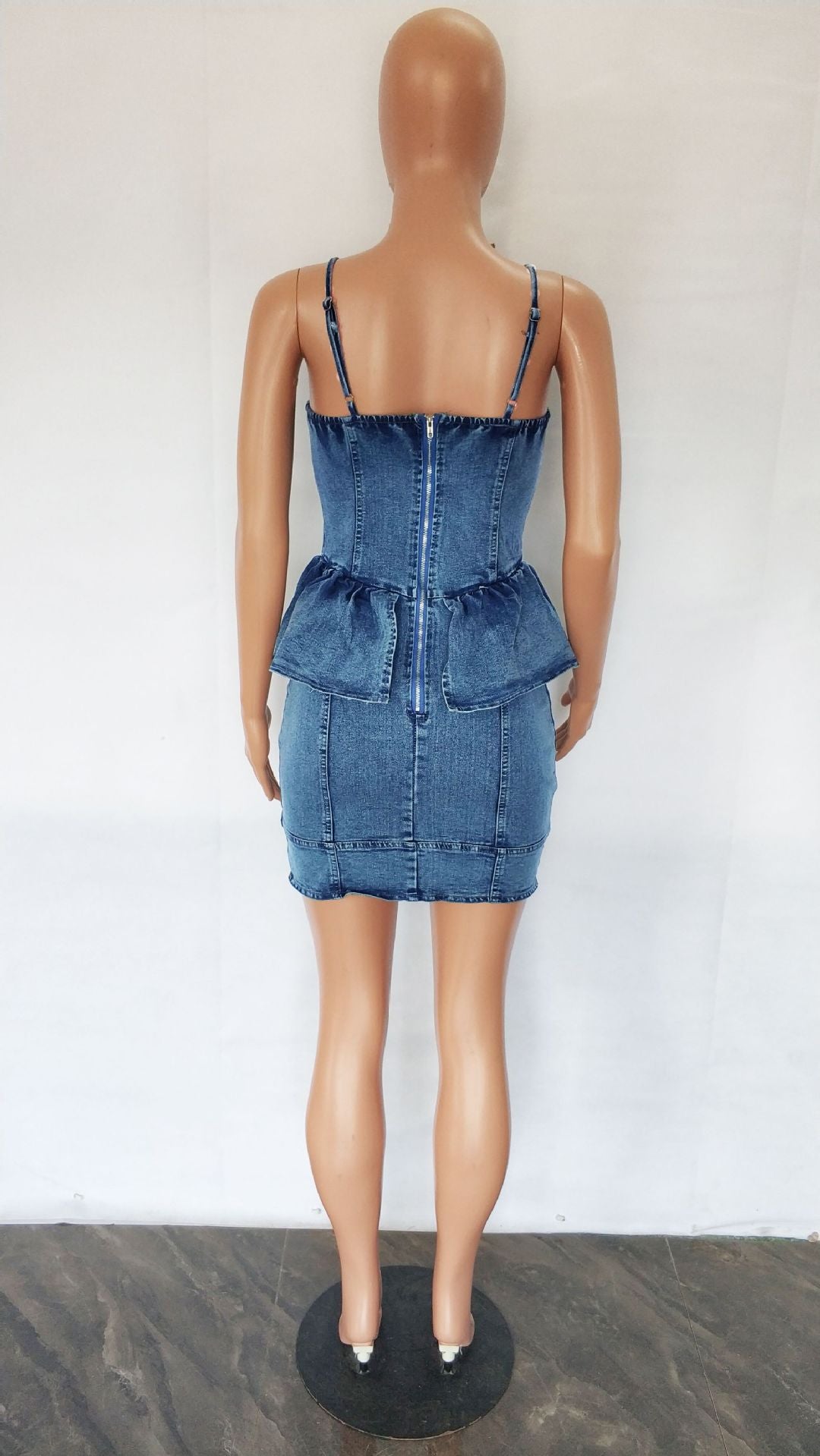Sexy Denim Ruffled Spaghetti Strap Bodycon Mini Dress