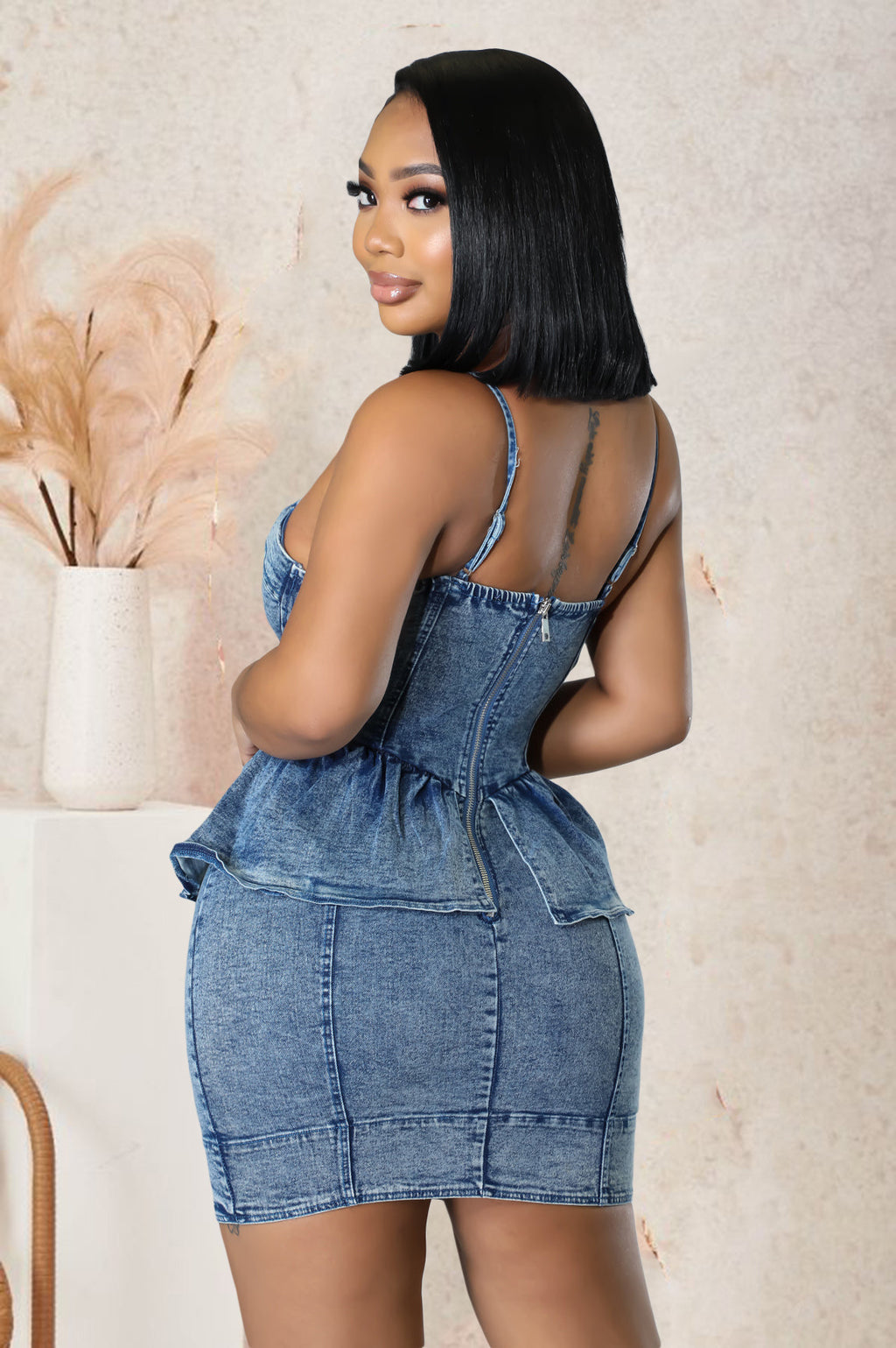 Sexy Denim Ruffled Spaghetti Strap Bodycon Mini Dress