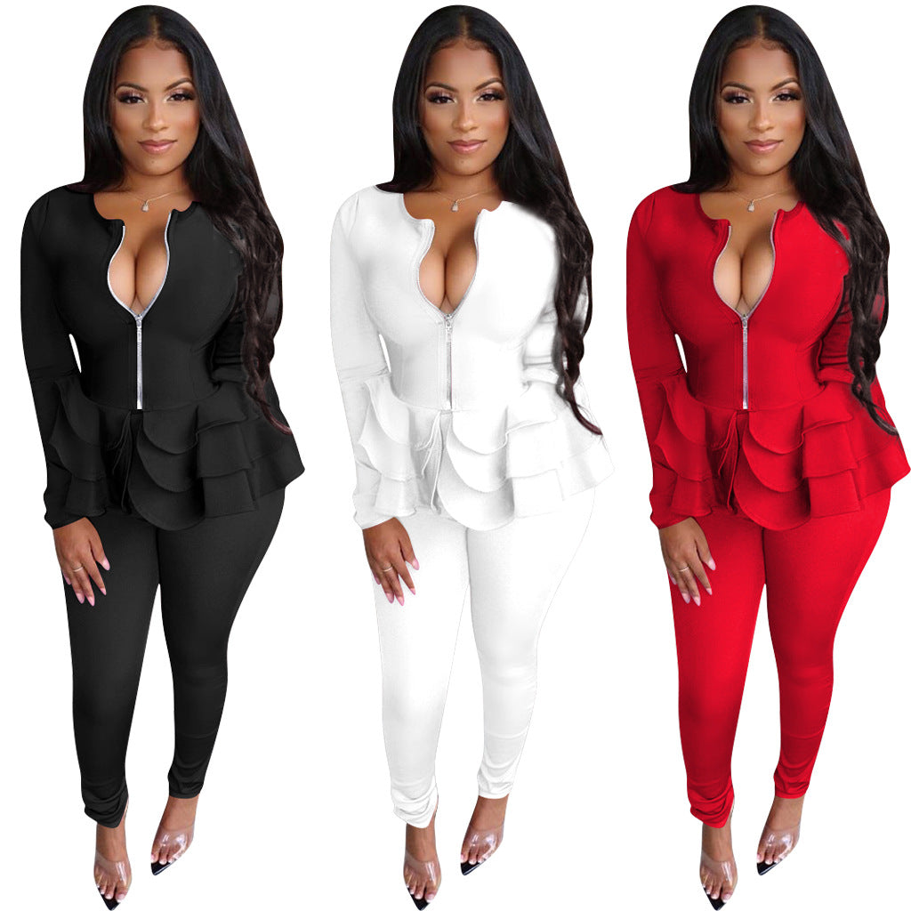 Sexy Solid Zipper Ruffles Long Sleeve Two Piece Set