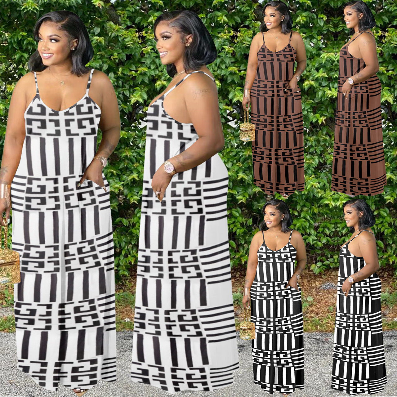 Sexy Plus Size Printed Sleeveless Sling Maxi Dress
