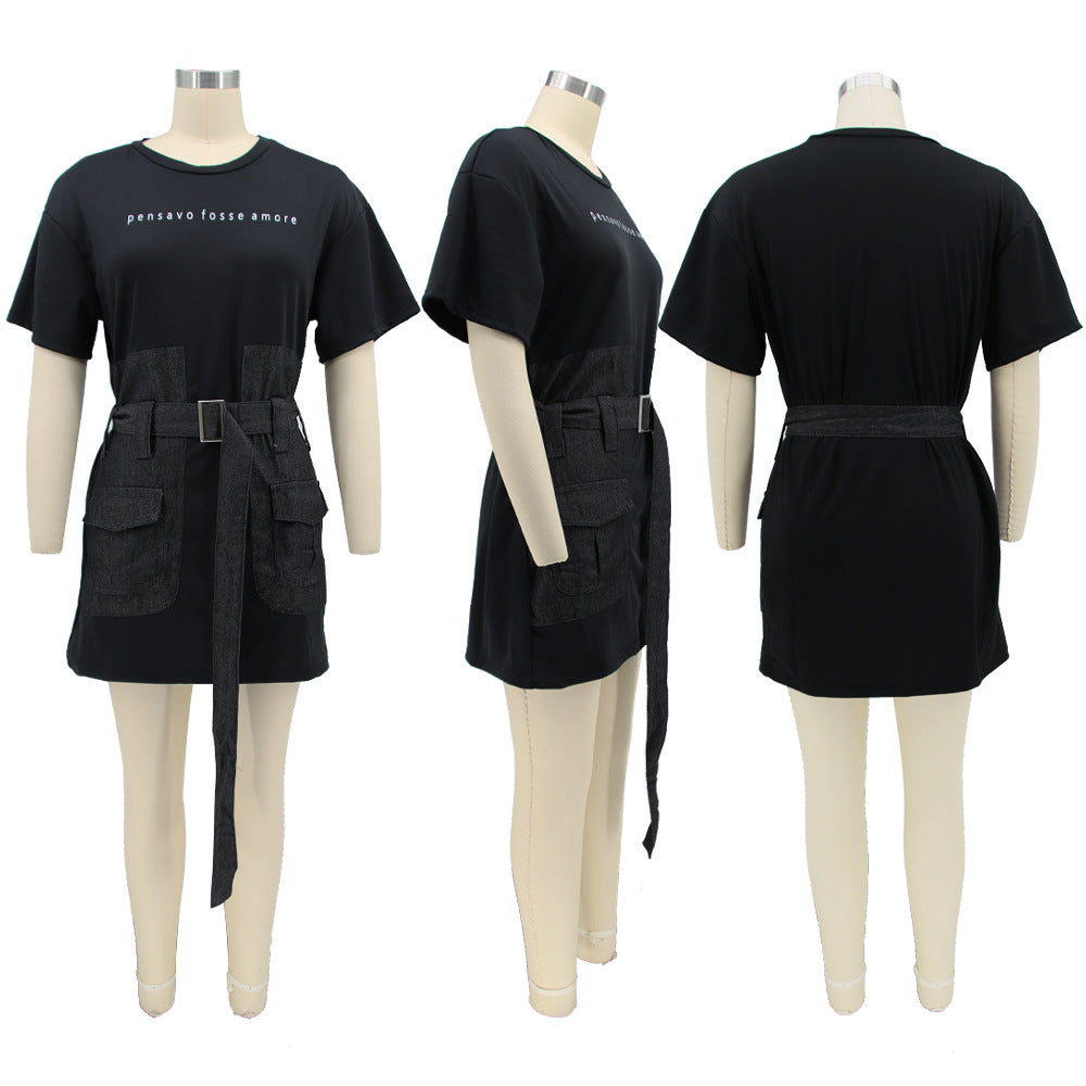 Sexy Denim Patchwork Short Sleeve Belted Mini Dress