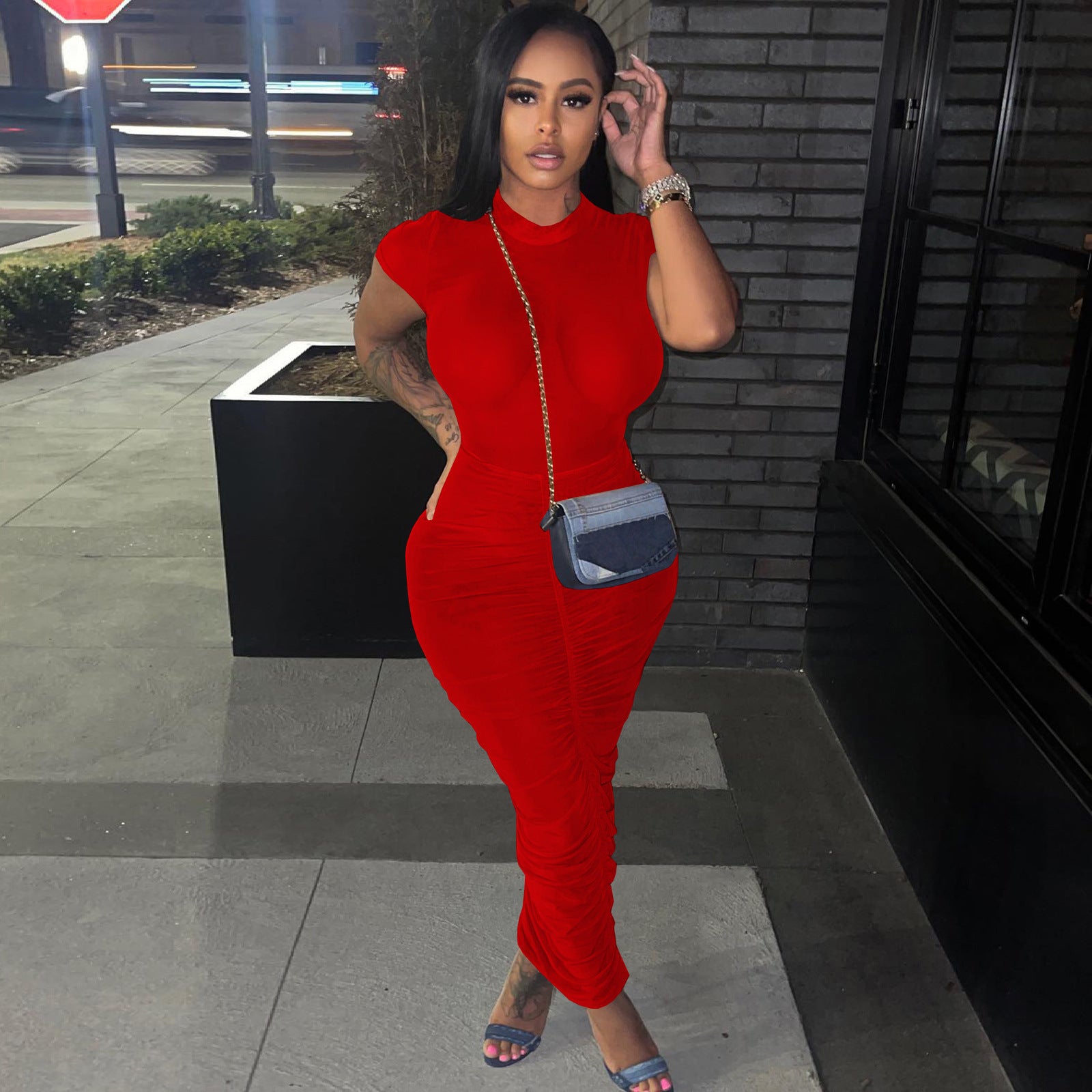 Sexy Solid Color Short Sleeve Ruched Maxi Dress