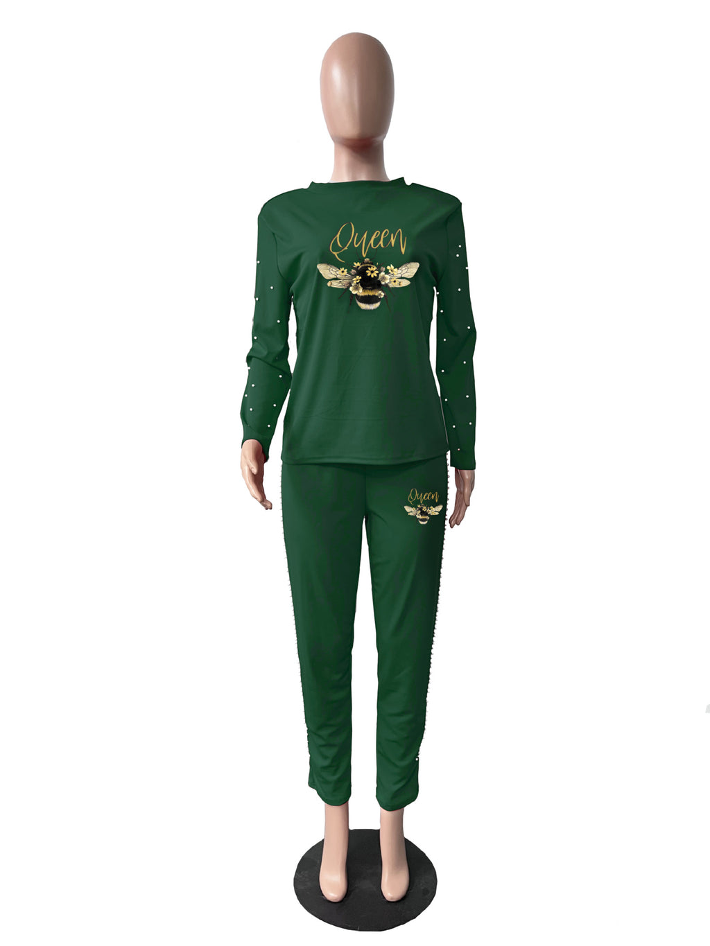 Sexy Plus Size Pearl Decorated Long Sleeve Pants Print 2 Piece Set