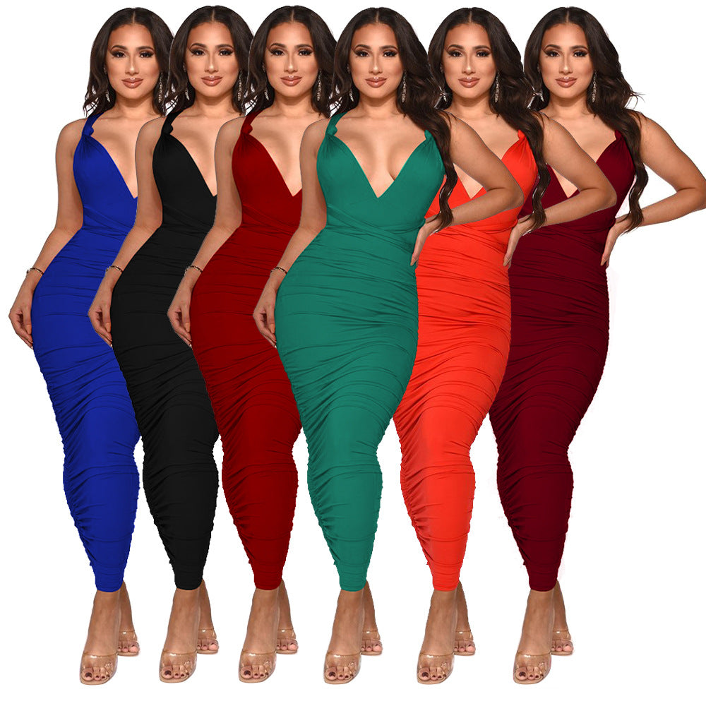 Sexy Solid Color Sexy Backless Ruched Maxi Dress