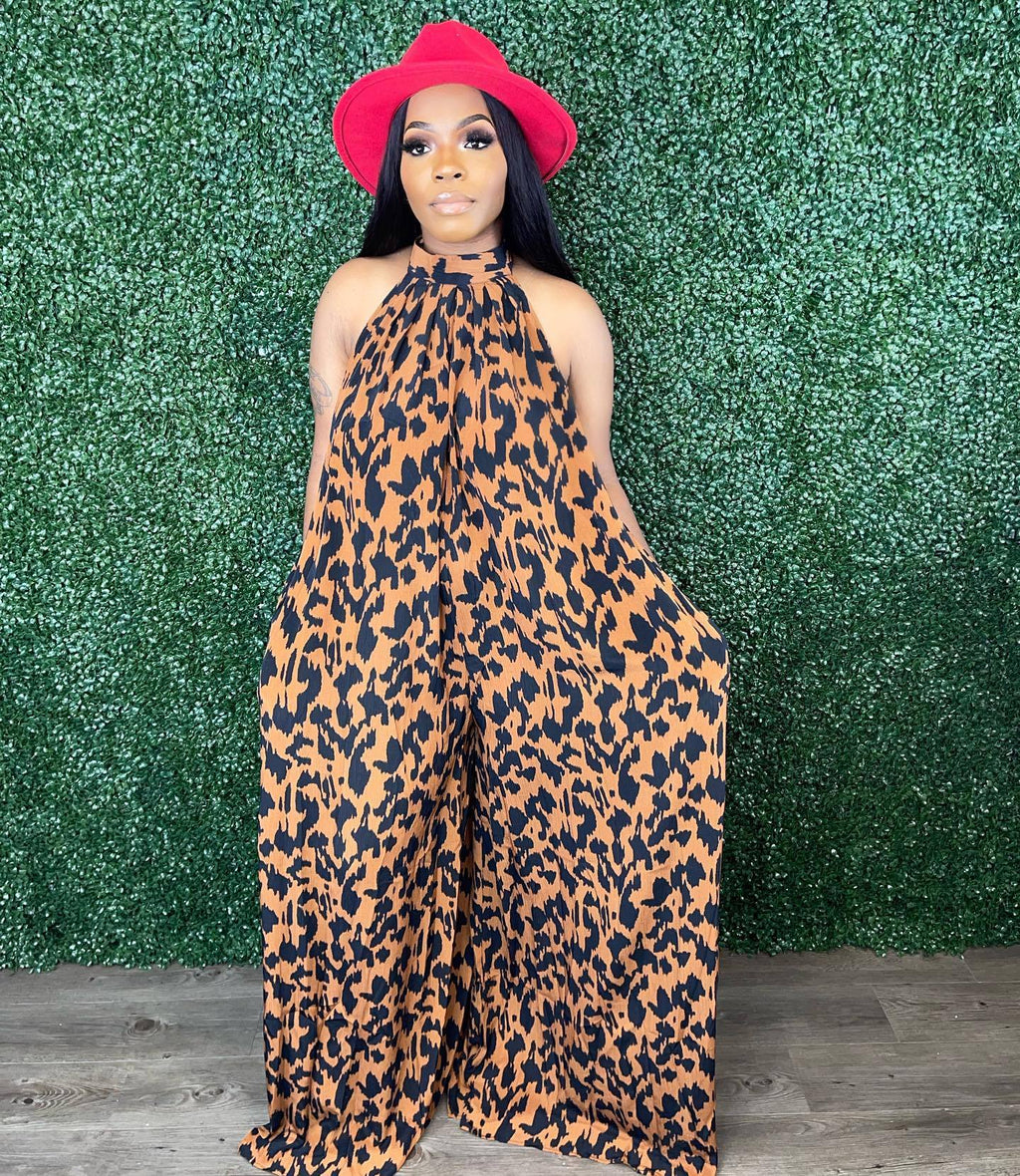 Sexy Plus Size Casual Print Halter Wide Leg Jumpsuit