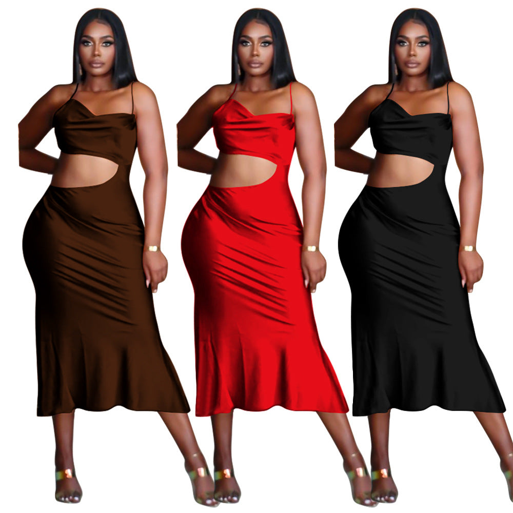 Sexy Solid Color Sling Ruffled Midi Dress