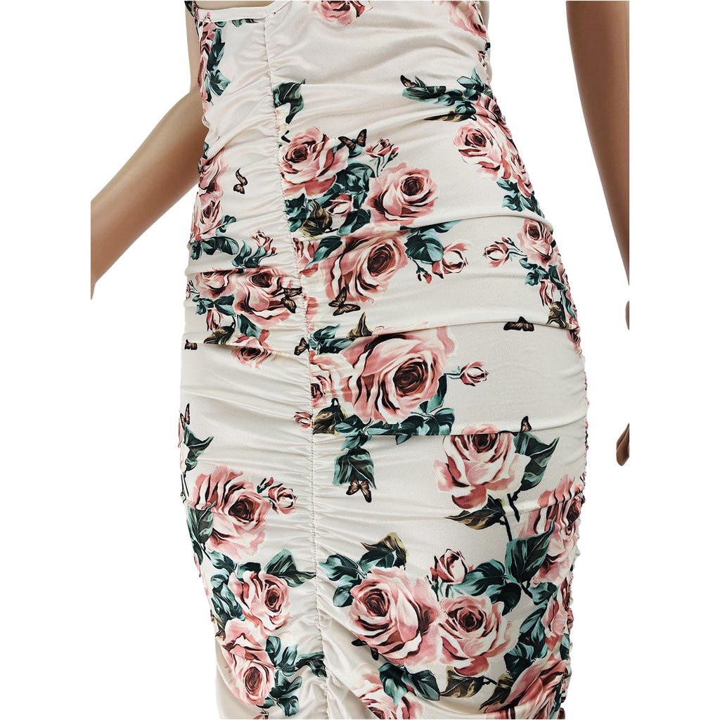 Sexy Floral Print Halter Ruched Hollow Out Maxi Dress