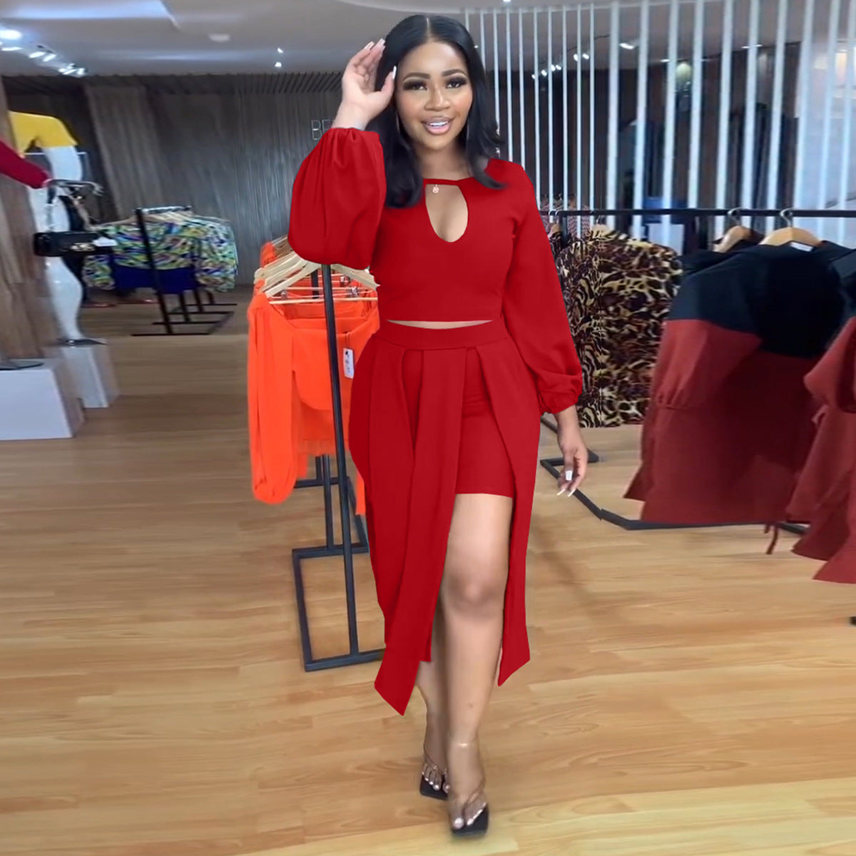 Sexy Sexy Solid Color Puff Sleeve Two Piece Skirt Set