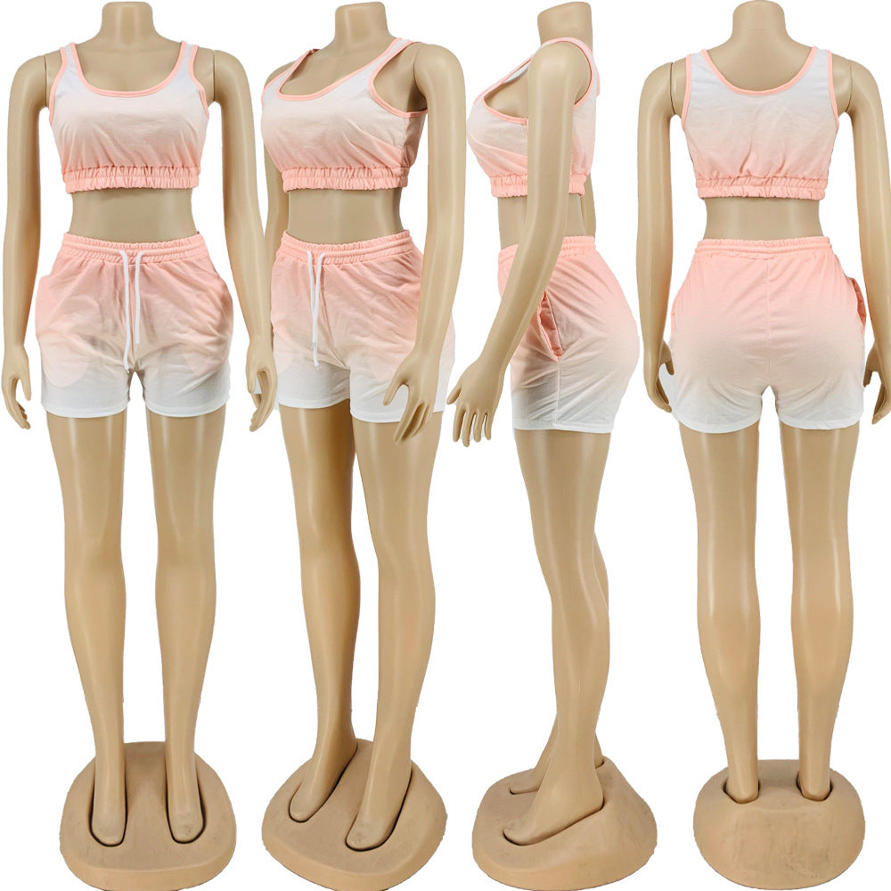 Sexy Gradient Casual Fitness Tank Top Shorts 2 Piece Suits