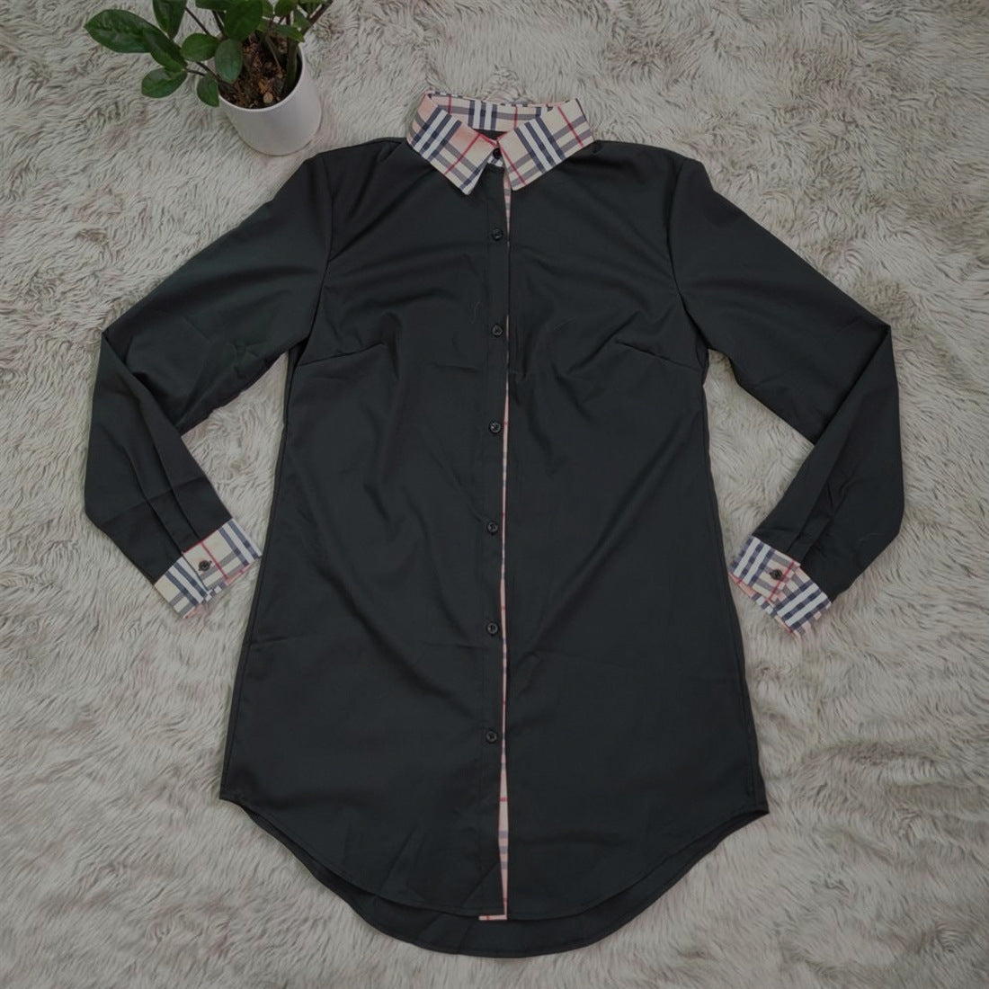 Sexy Plaid Patchwork Long Sleeve Shirt Dress