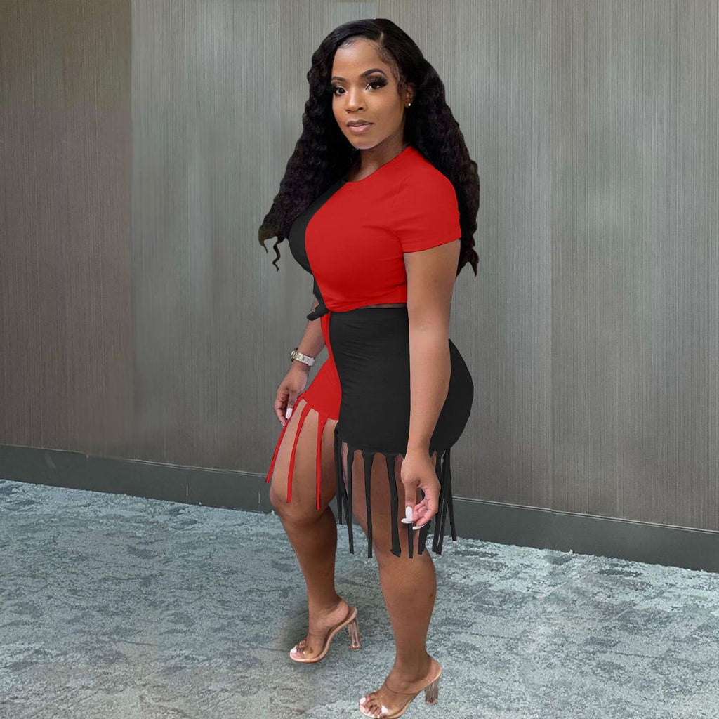 Sexy Contrast Color T Shirt +Tassel Shorts 2 Piece Sets