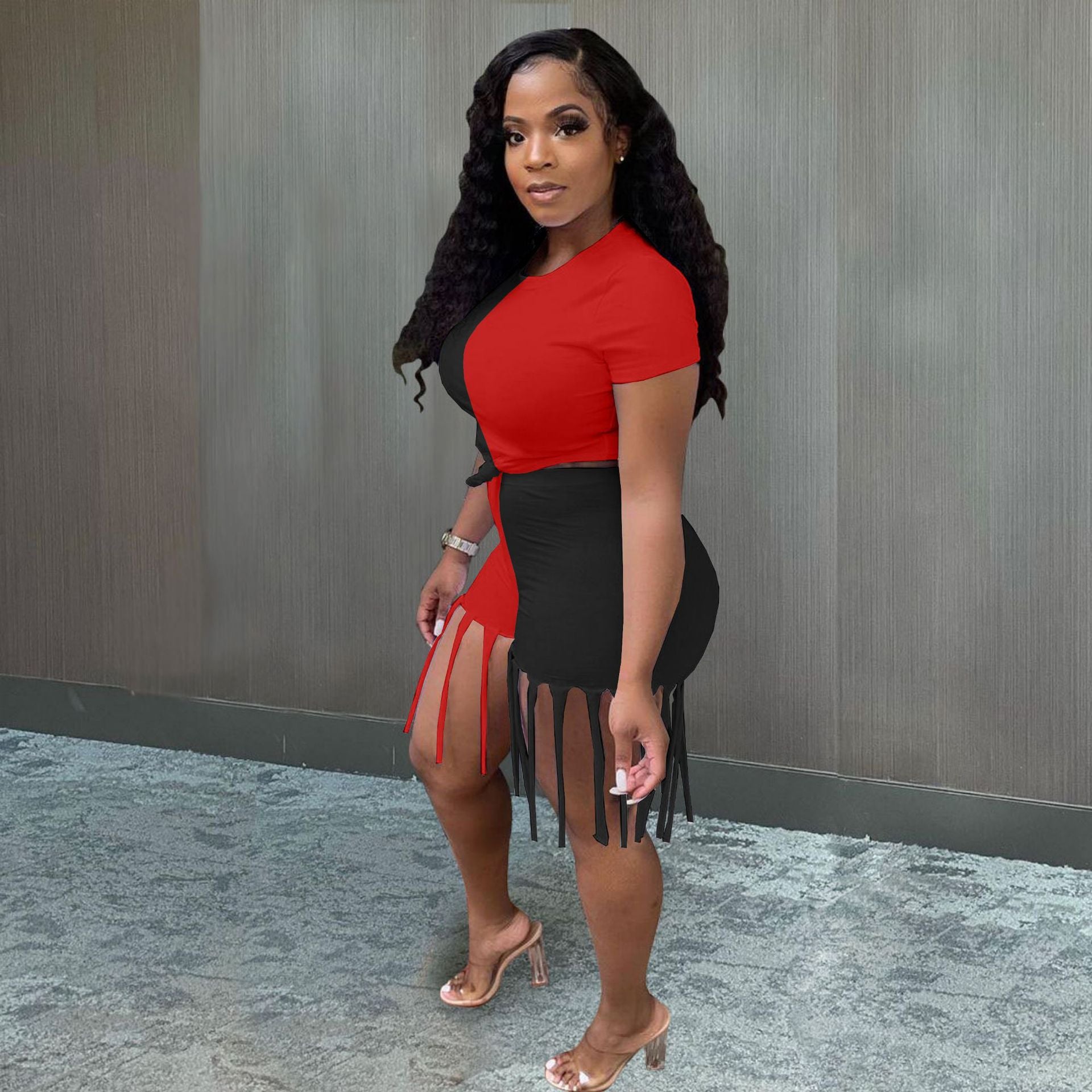 Sexy Contrast Color T Shirt +Tassel Shorts 2 Piece Sets
