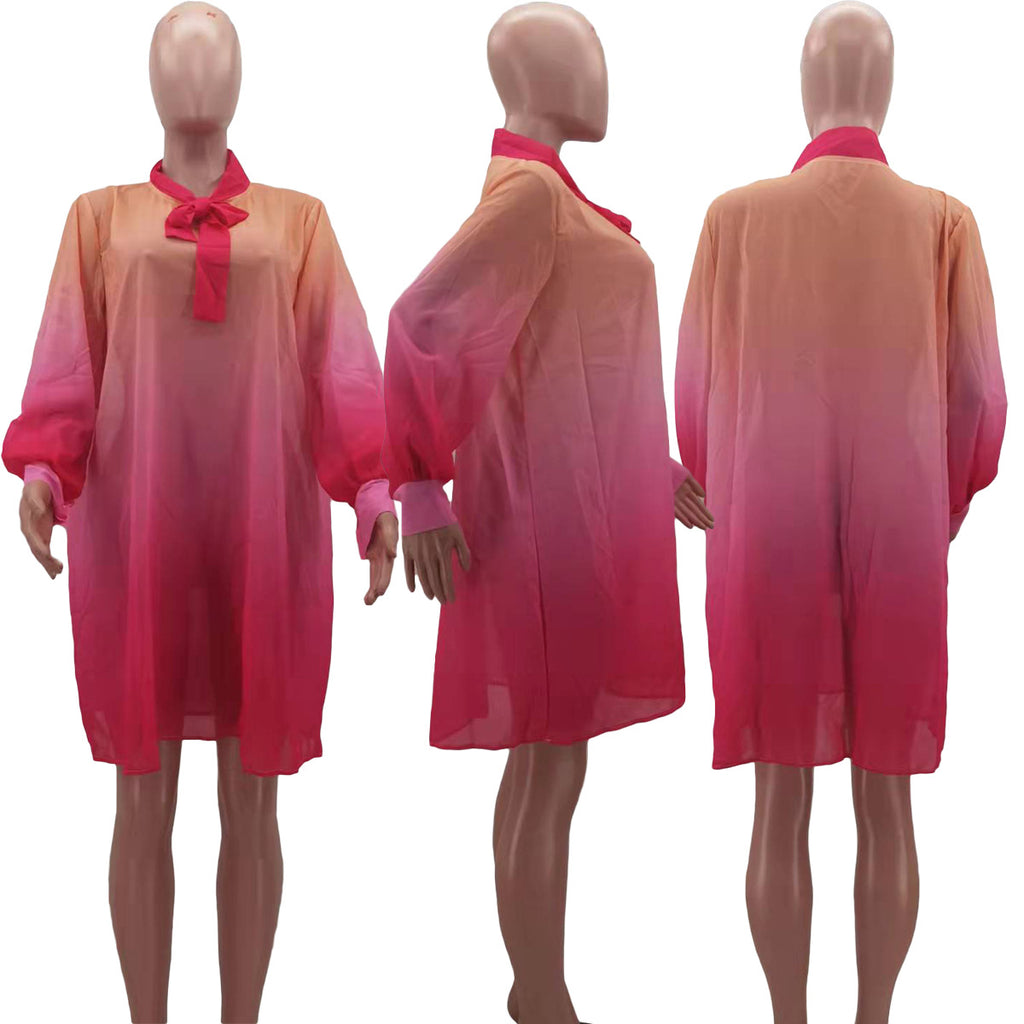 Sexy Plus Size Chiffon Gradient Long Sleeve Loose Mini Dress