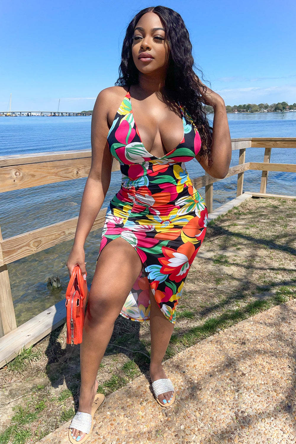 Sexy Floral Print Cross Strap Split Irregular Dress