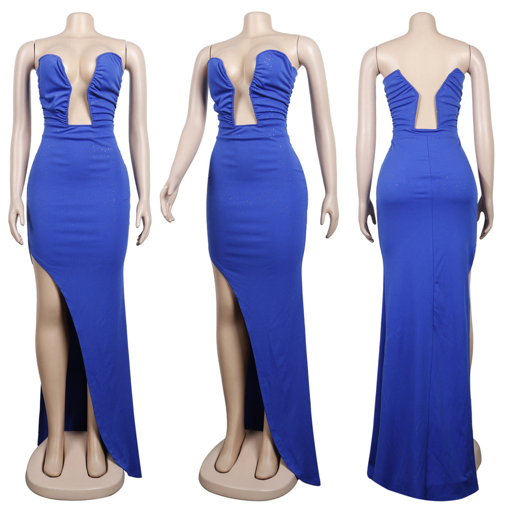 Sexy Sexy Solid Strapless Split Evening Dress (Without Sleeves)