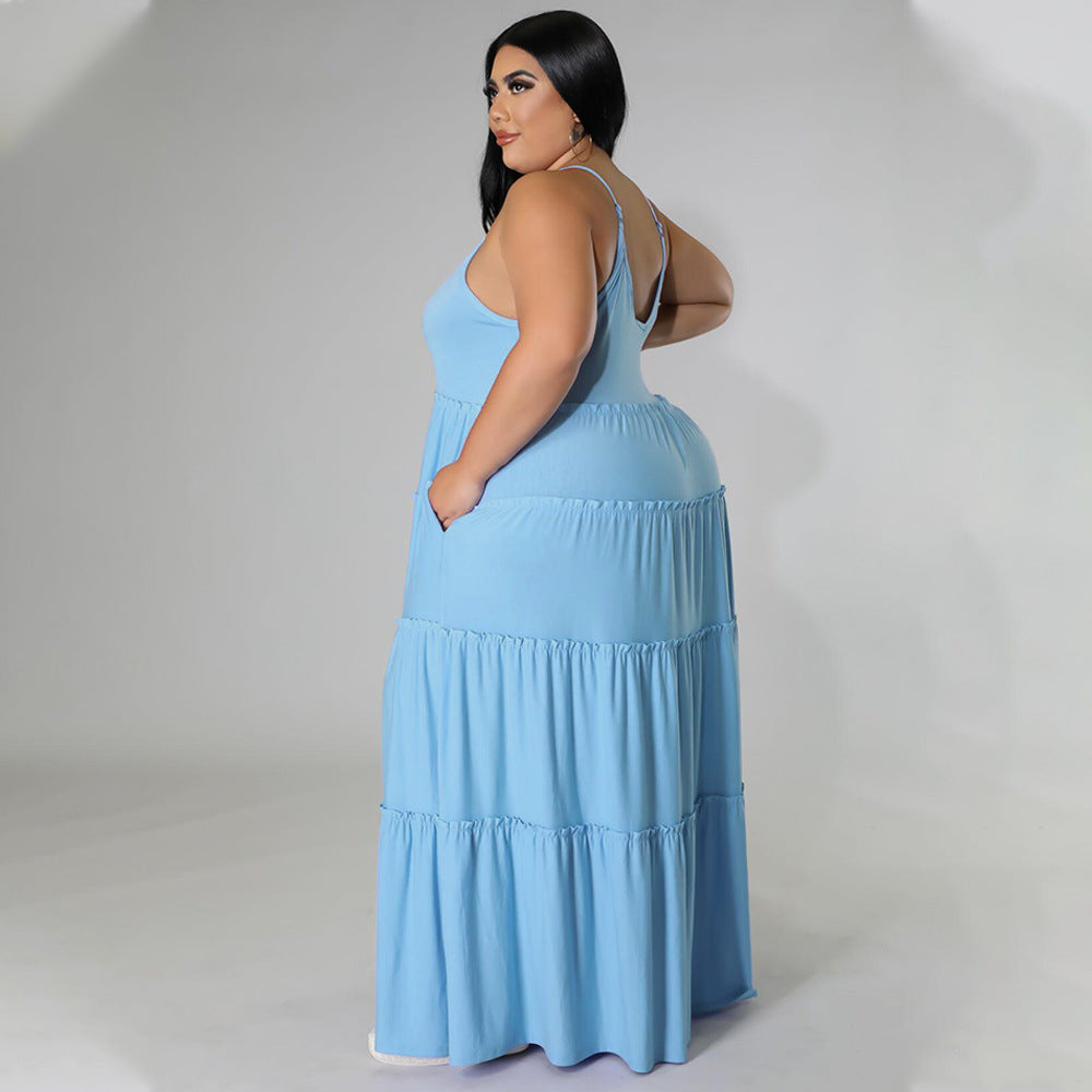Sexy Plus Size Solid High Waist Sling Maxi Dress