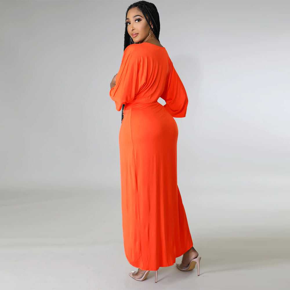 Sexy Solid V Neck 3/4 Sleeve Maxi Dress