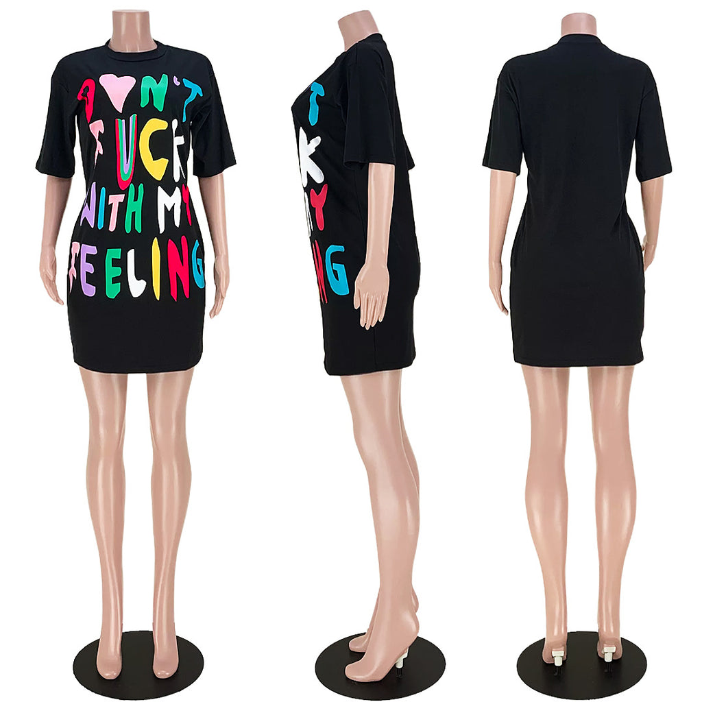 Sexy Letter Print O Neck Casual T-Shirt Dress