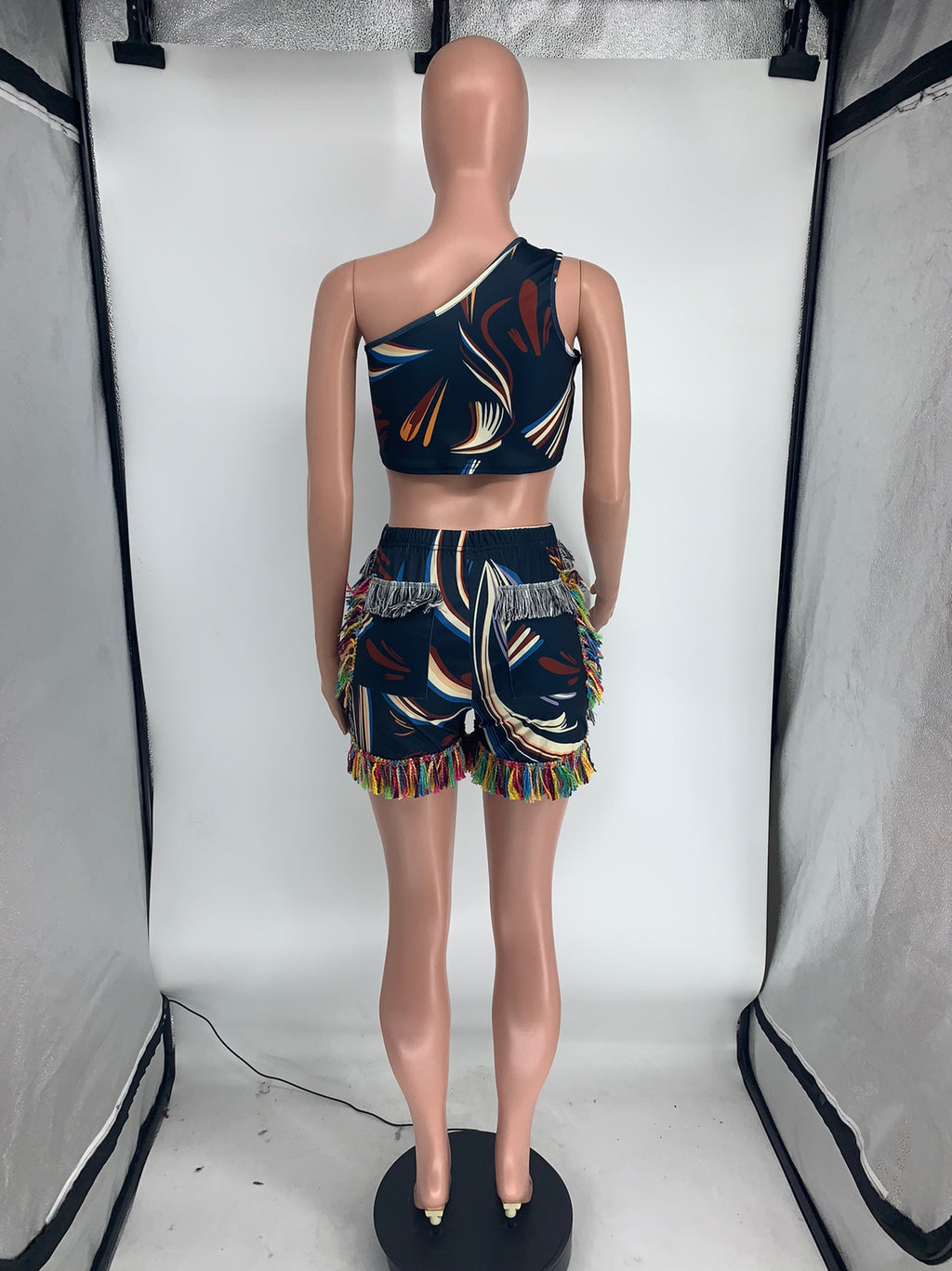 Sexy Sexy Printed One Shoulder Tassel Shorts 2 Piece Sets