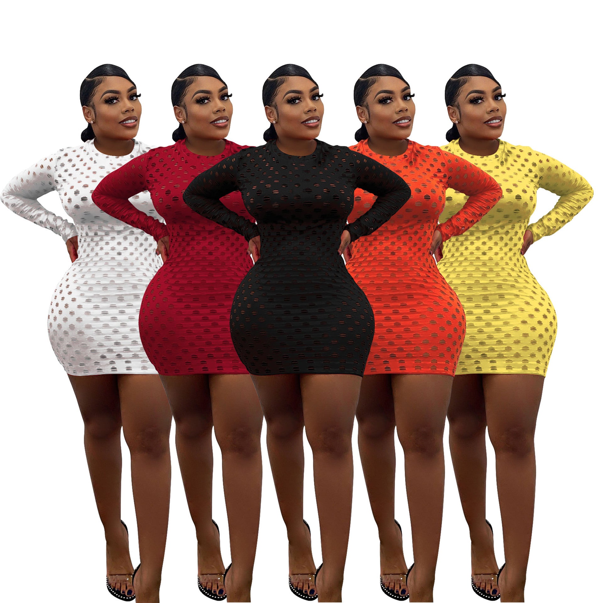 Sexy Sexy Hole Hollow Long Sleeve Slim Mini Dress