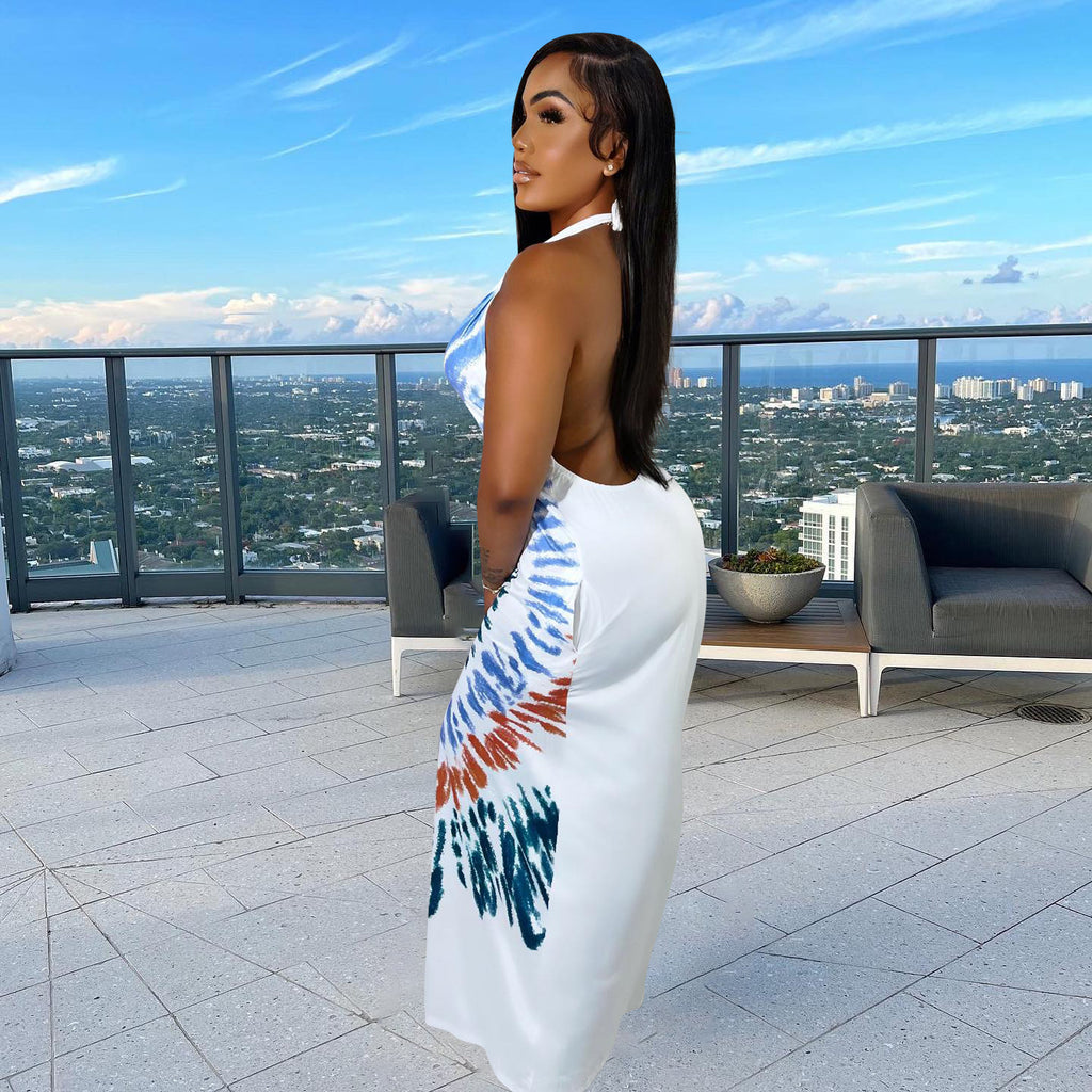 Sexy Sexy Printed V Neck Halter Maxi Dress