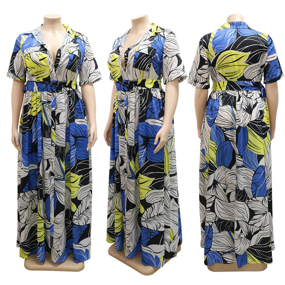 Sexy Plus Size Printed Short Sleeve Buttons Belted Maxi Dress
