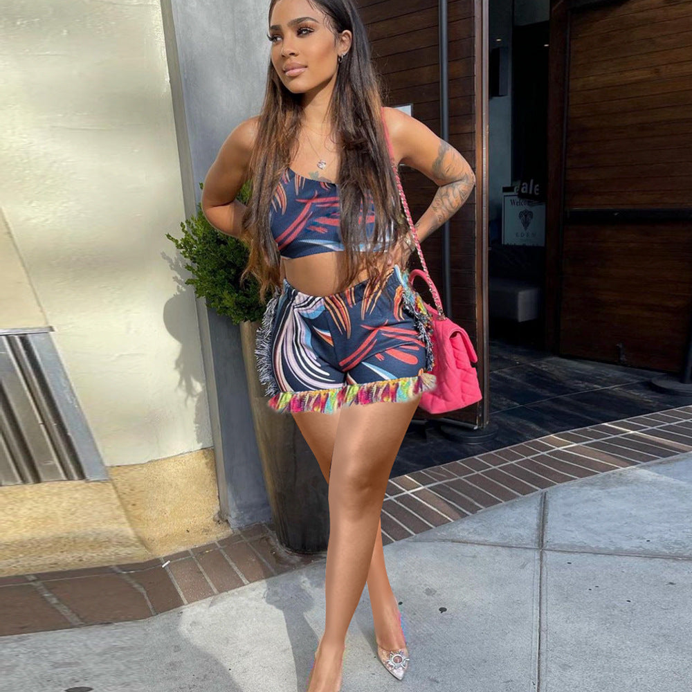 Sexy Sexy Printed One Shoulder Tassel Shorts 2 Piece Sets