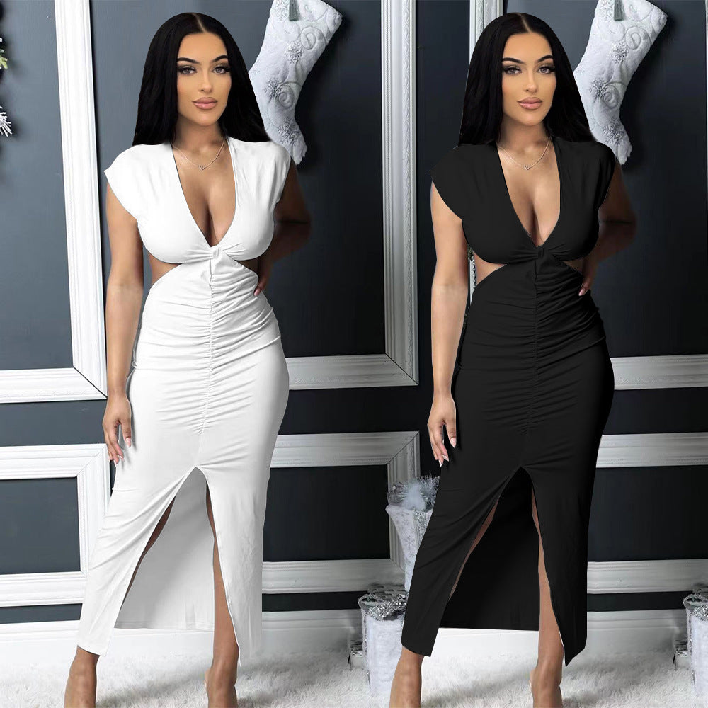Sexy Solid V Neck Ruched Hollow Out Split Maxi Dress