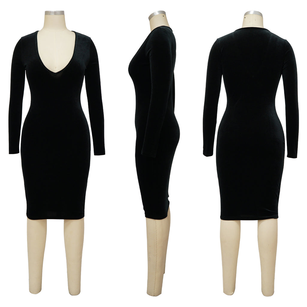 Sexy Sexy Velvet V Neck Long Sleeve Midi Dress