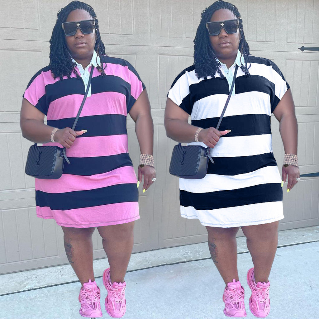 Sexy Plus Size Striped Turndown Collar T-Shirt Dress