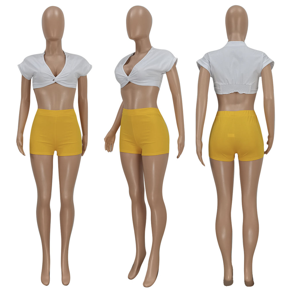 Sexy Sexy V Neck Crop Top And Shorts 2 Piece Sets