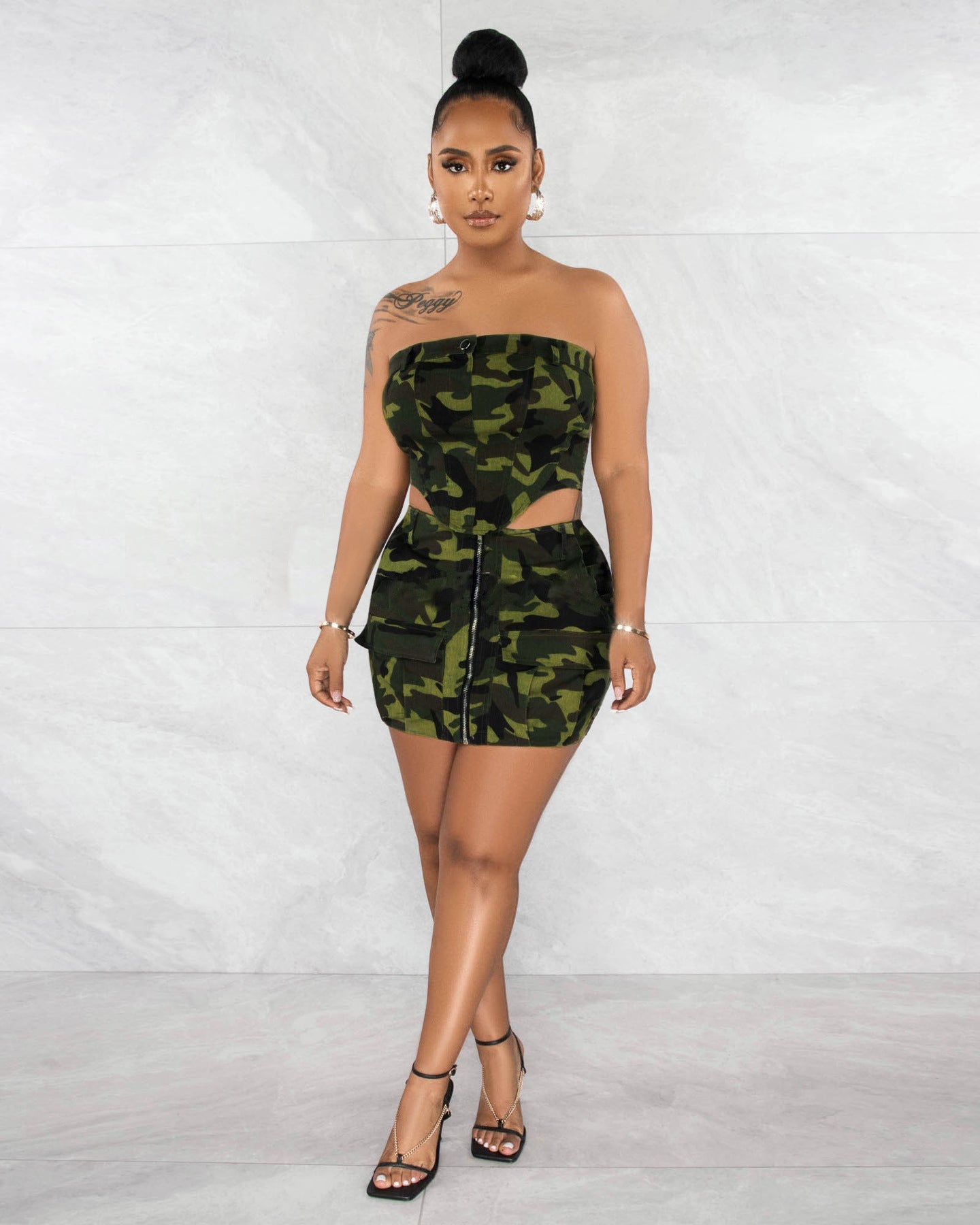 Sexy Camo Print Tube Tops And Skirt Denim 2 Piece Set